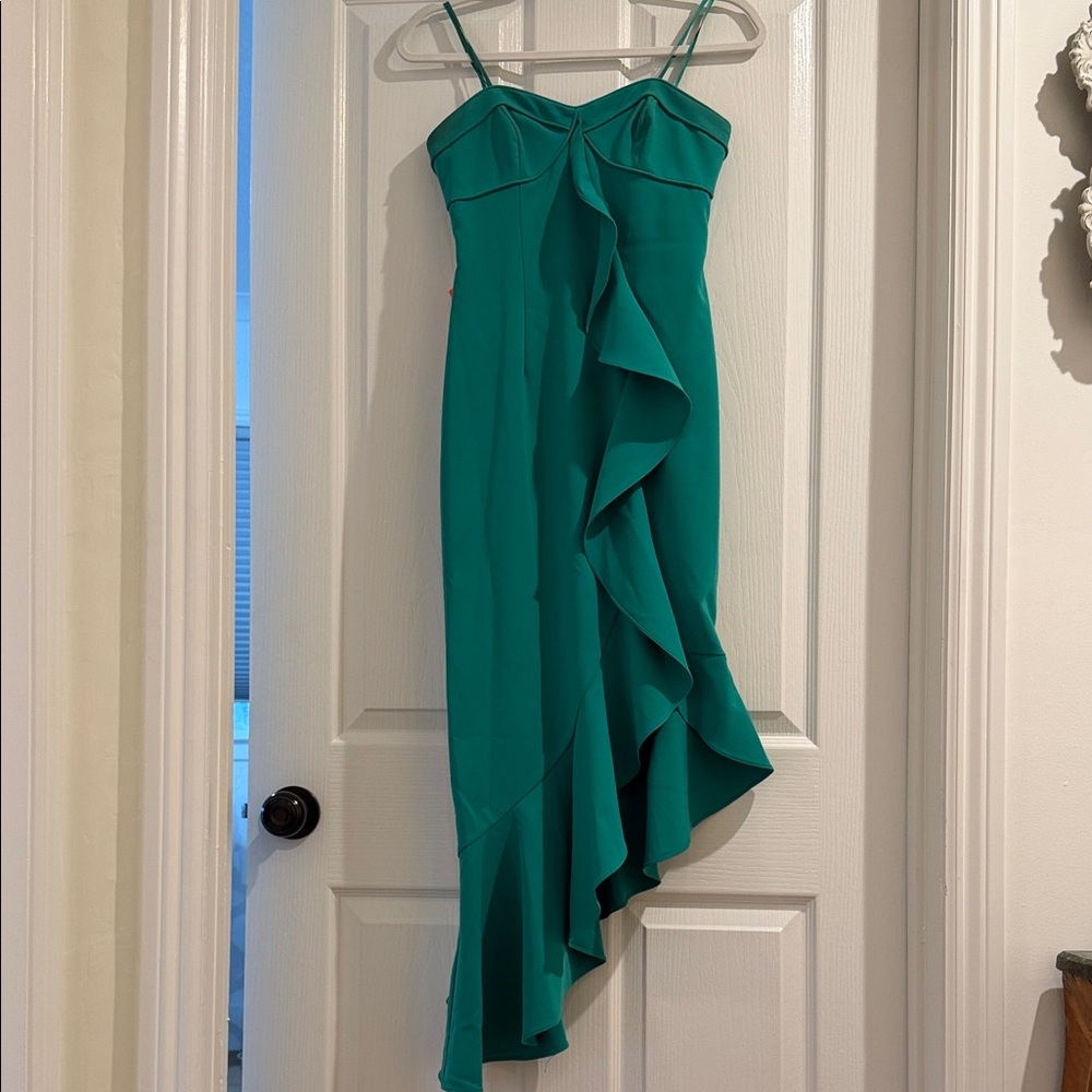 Elegant Green Ruffle Asymmetrical Slip Dress